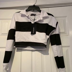 Black and white polo long sleeve crop top